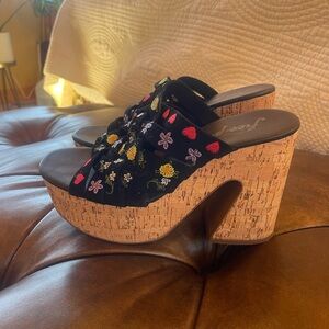 Free People Black Floral Embroidered Platform Sandals